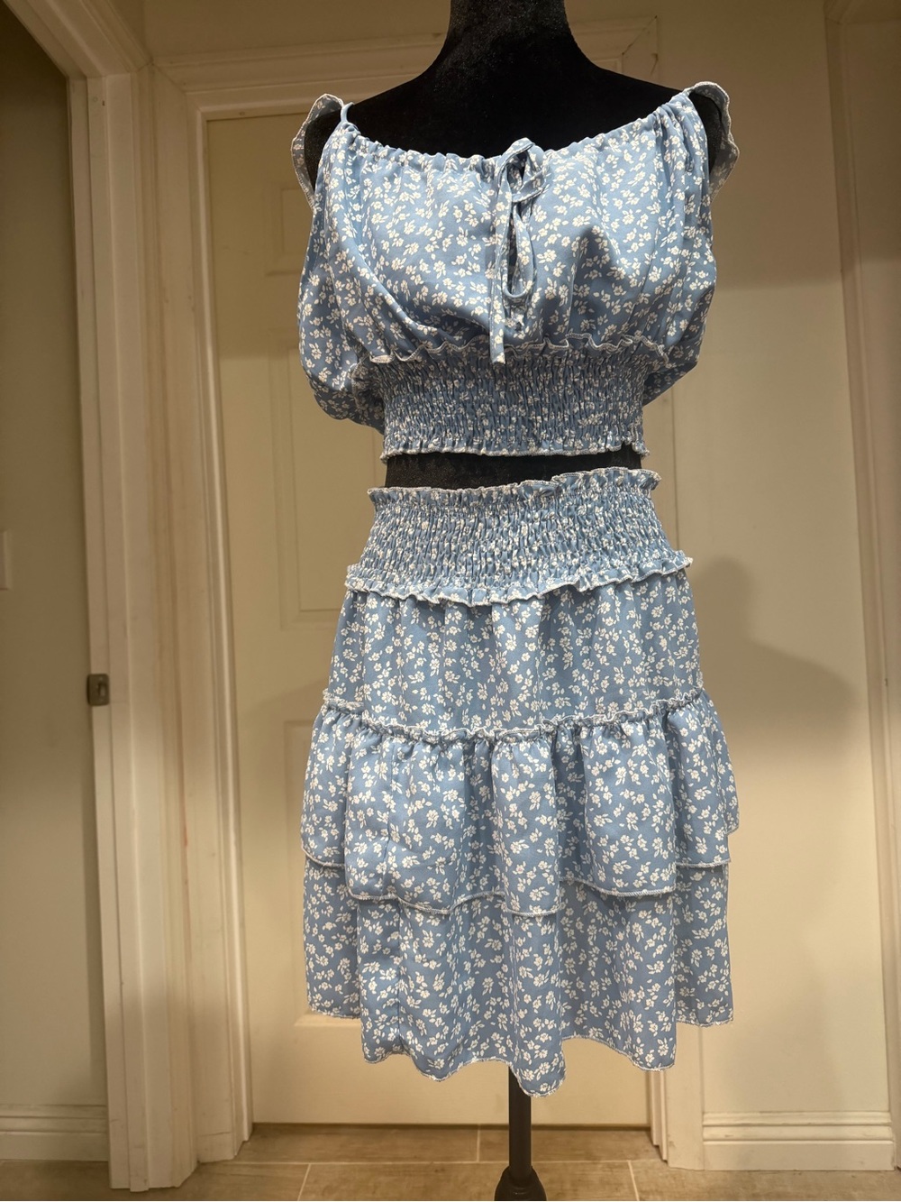 Light Blue Floral Smocked Mini Skirt - Women's Tiered Summer Skirt